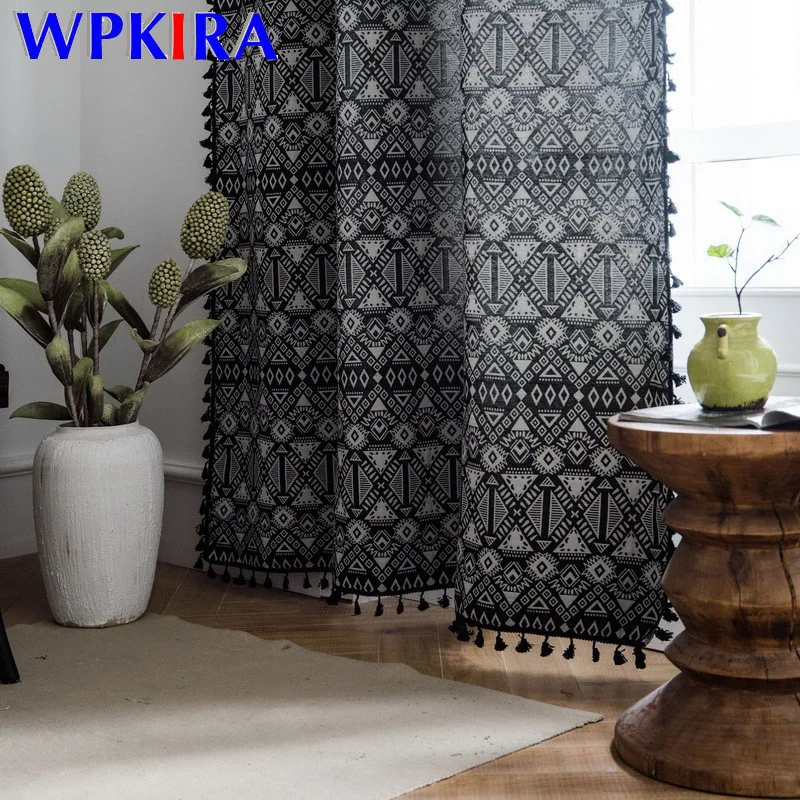 1 шт. штора с кармашком, черная бахрома, занавеска, хлопок, лен, геометрический жаккард, бохо стиль, занавеска для гостиной, кухни, окна M215D3