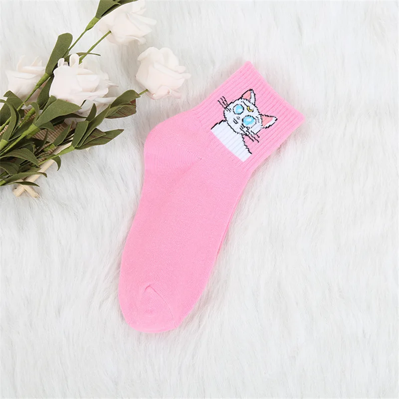 Pink Cat Корейские милые женские носки без пятки с рисунком из мультфильма, модные белые и черные забавные носки в духе колледжа Harajuku sokken GOOD ONLY animals для мальчиков и девочек - Цвет: Pink Cat