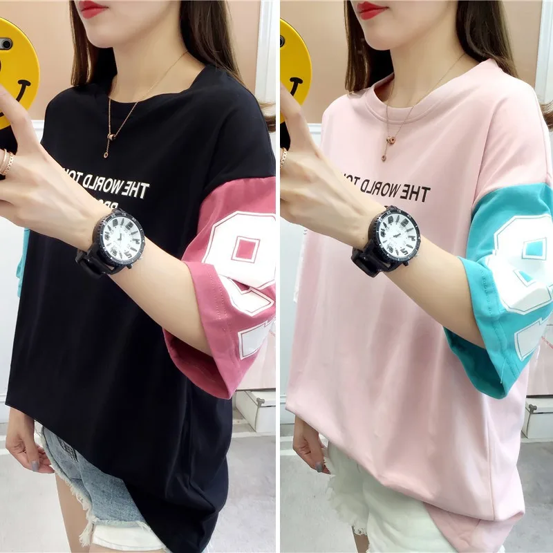 Women Summer Tee Oversize Letter Print Half Sleeve Casual Tshirt Ladies T-shirt Streetwear Tee