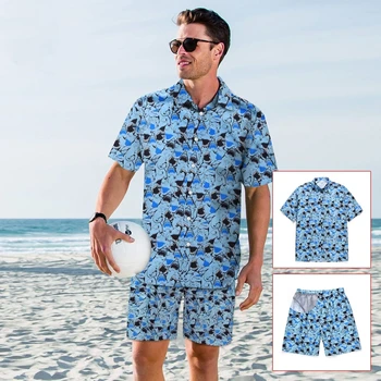 

Loose Suit Mens Hawaiian Beach Summer Sets Shark Print Hawaiian Style Shirt + Elastic Shorts Vacation Fast Drying Two Piece
