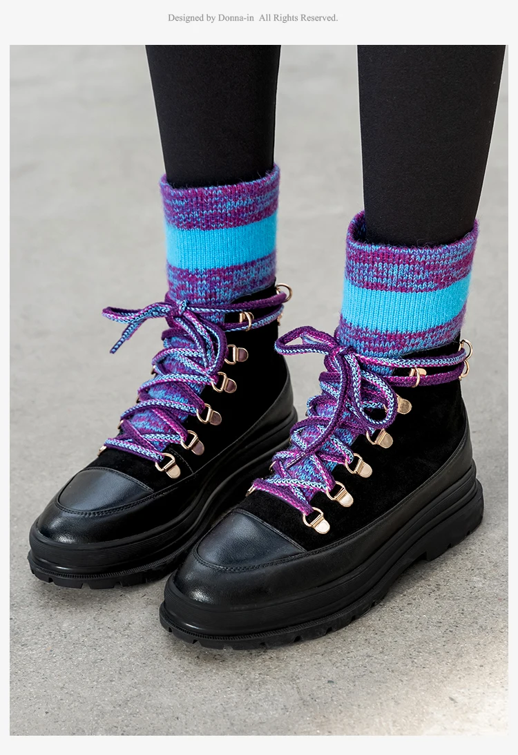 Donna-in/женские зимние сапоги-носки из натуральной кожи; обувь на платформе со шнуровкой; Короткие Плюшевые эластичные чулки; женская обувь на массивном каблуке; цветные
