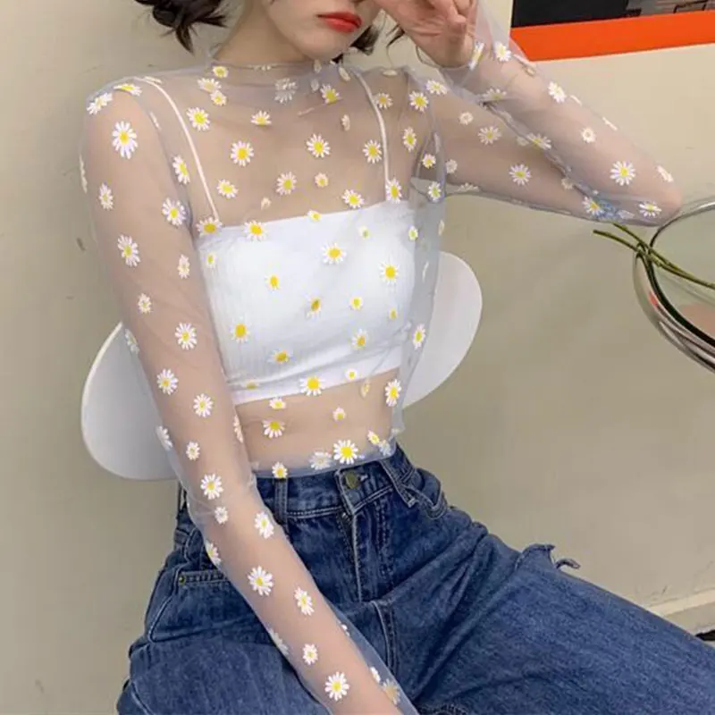 

Women Sexy Harajuku Mesh Tops Net See Through T Shirt Transparent Undershirt Base Top Camisas Femininas korean mujer