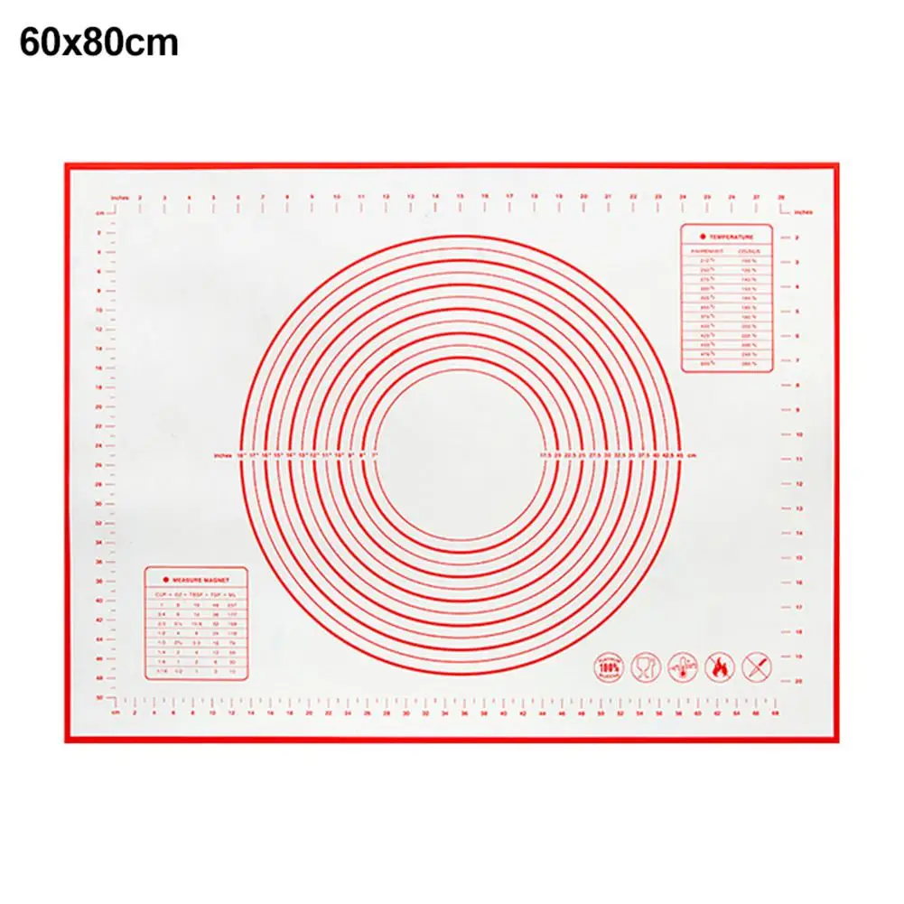 Silicone Baking Mat with Scale Non-Slip Rolling Dough Baking Pad Kneading Pastry Sheet Food Grade Platinum Oven Liner 30E - Color: 60x80cm Red