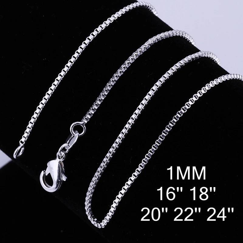 1/1.5/2MM 40cm-60CM Thin Real 925 Sterling Silver Slim Box Chain Necklace Women Girls Children Jewelry kolye collares collier