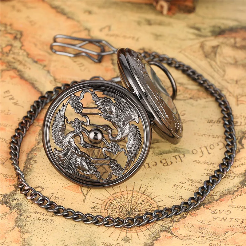 Retro Hollow Cranes Men Women Hand-winding Mechanical Pocket Watch Manual Skeleton Clock Roman Numbers Watches Pendant Chain