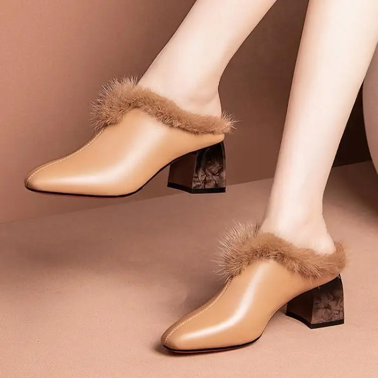

Qiu dong season women leather maomao shoes square single shoes thick with high heels head layer cowhide 6 cm