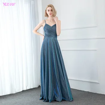 

Sparkly Simple Blue Long Prom Dresses 2020 Straps Backless Formal Evening Party Gown