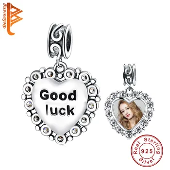 

BELAWANG 925 Sterling Silver Heart Good Luck Charms Bead for Fit Bracelet Necklace DIY Customize Photo Personalized Jewelry