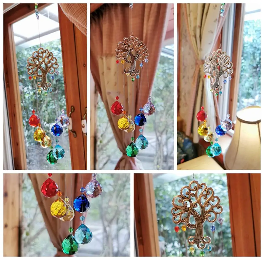Crystal Suncatcher Chakra Colors Balls Prism Tree of Life Window Hanging Pen