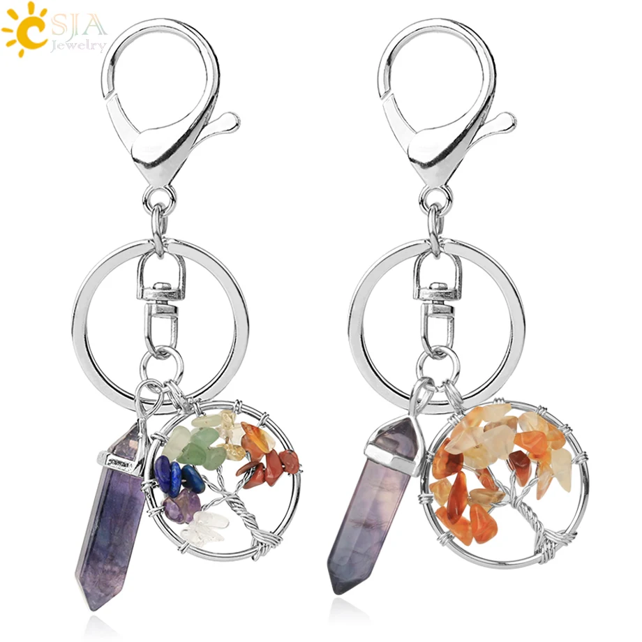 CSJA Natural Stone Fluorite Tree of Life Pendants Keychain Lobster Clasp Key Holder Car Backpack Accessories Unique Jewelry G380 7 Decorative Tree of Life pendant for use on keys, backpacks, or purses, made with vibrant, striped Fluorite stone and attached to a lobster clasp key holder.