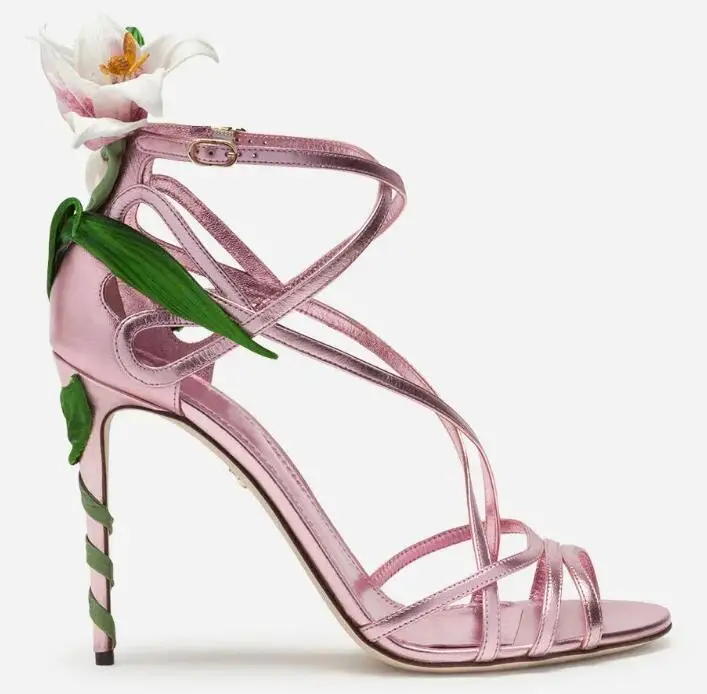 Moraima Snc Open Toe High Heel Sandal Flower Decorations Ankle Strap Party Wedding Heels Woman Cutouts Dress Shoes