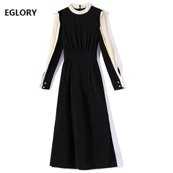

Elegant Work Dress 2020 Spring Style Women Color Block Patchwork Long Sleeve Mid-Calf Length Bodycon Pencil Dress Office Lady