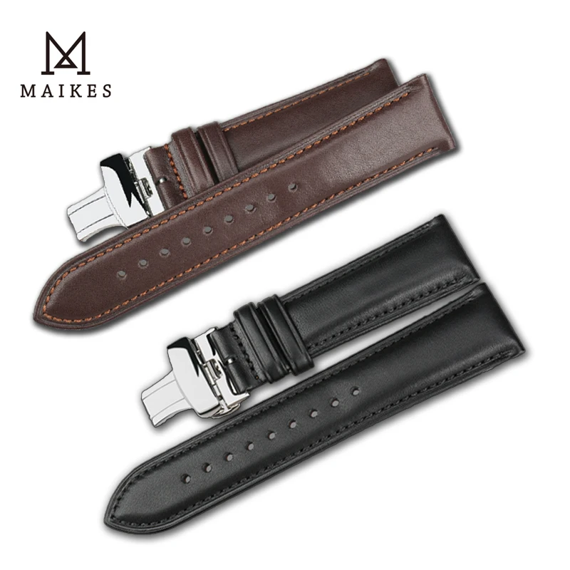 MAIKES Men's Leather Strap 18mm 19mm 20mm Folding Buckle Watch Accessories Universal Watch Butterfly Buckle WomenBand