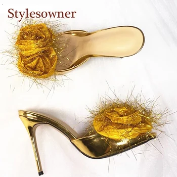 

Summer New Style Golden Red Rose Flower Decoration Women Fashion Slippers Sexy Outside Wear Female Open Toe Casual Sandals