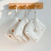 Bolsa de algodón para pañales de mamá, organizador con bordado de oso bonito, con una sola cremallera, para pañales de bebé recién nacido, bolsa de almacenamiento para cochecito de viaje