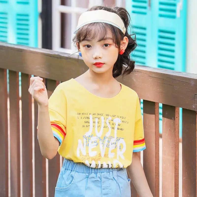 Girls Clothes Short Sleeve T-shirt Cotton Yellow Tops Printed Letters Kids Shirts Children's Clothing Cotton Round-collar