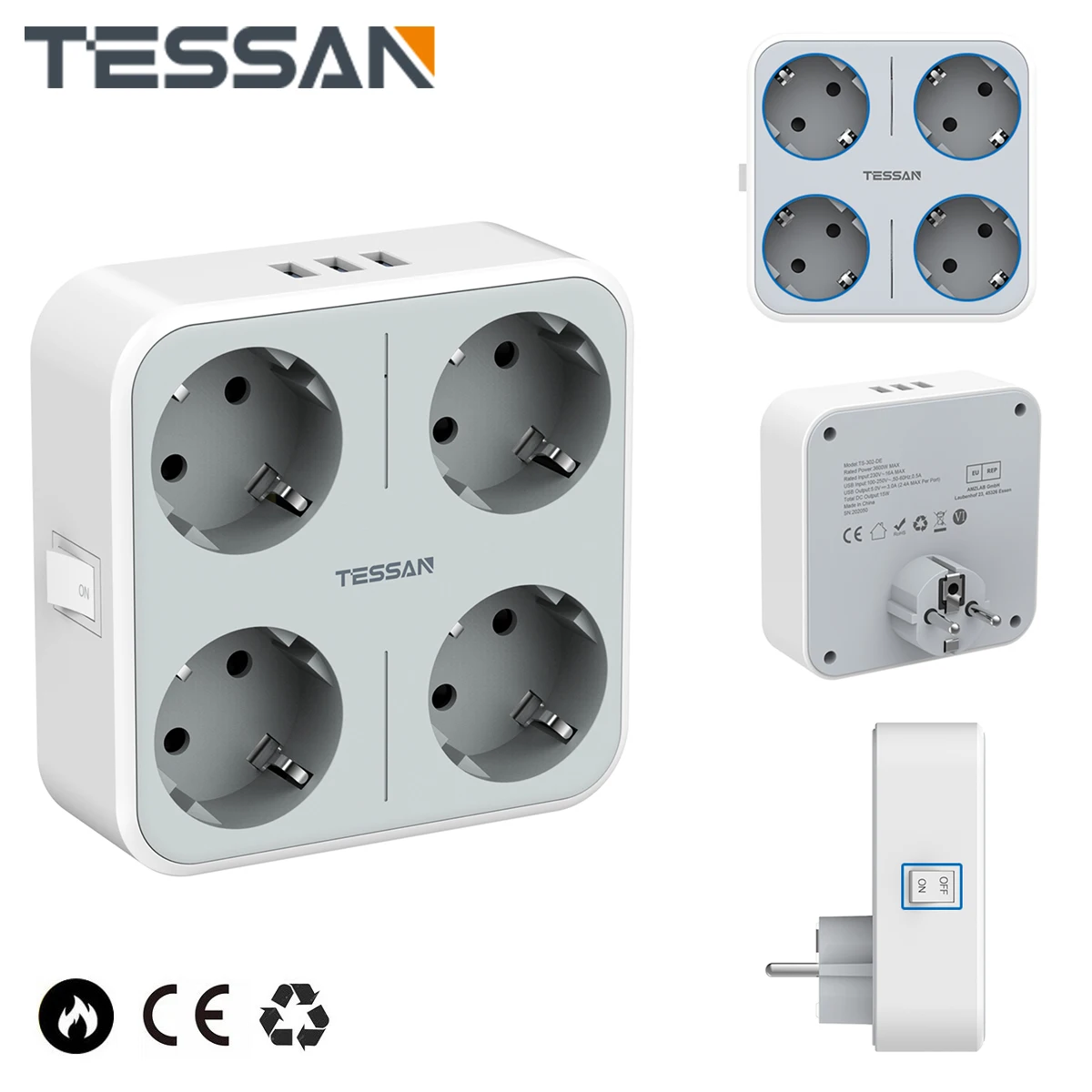 

TESSAN USB Power Strip with Switch 4-Way Socket and 3 USB EU Smart Plug Outlet Extension Socket Adapter with Overload Protection