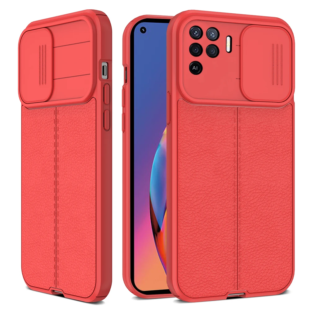 Push Pull Slide Camera Lens Protector Leather Phone Case For OPPO Reno 5 Lite 5 5F A94 A74 A54 A93 A53 A53S A72 A92 A52 F19 Pro