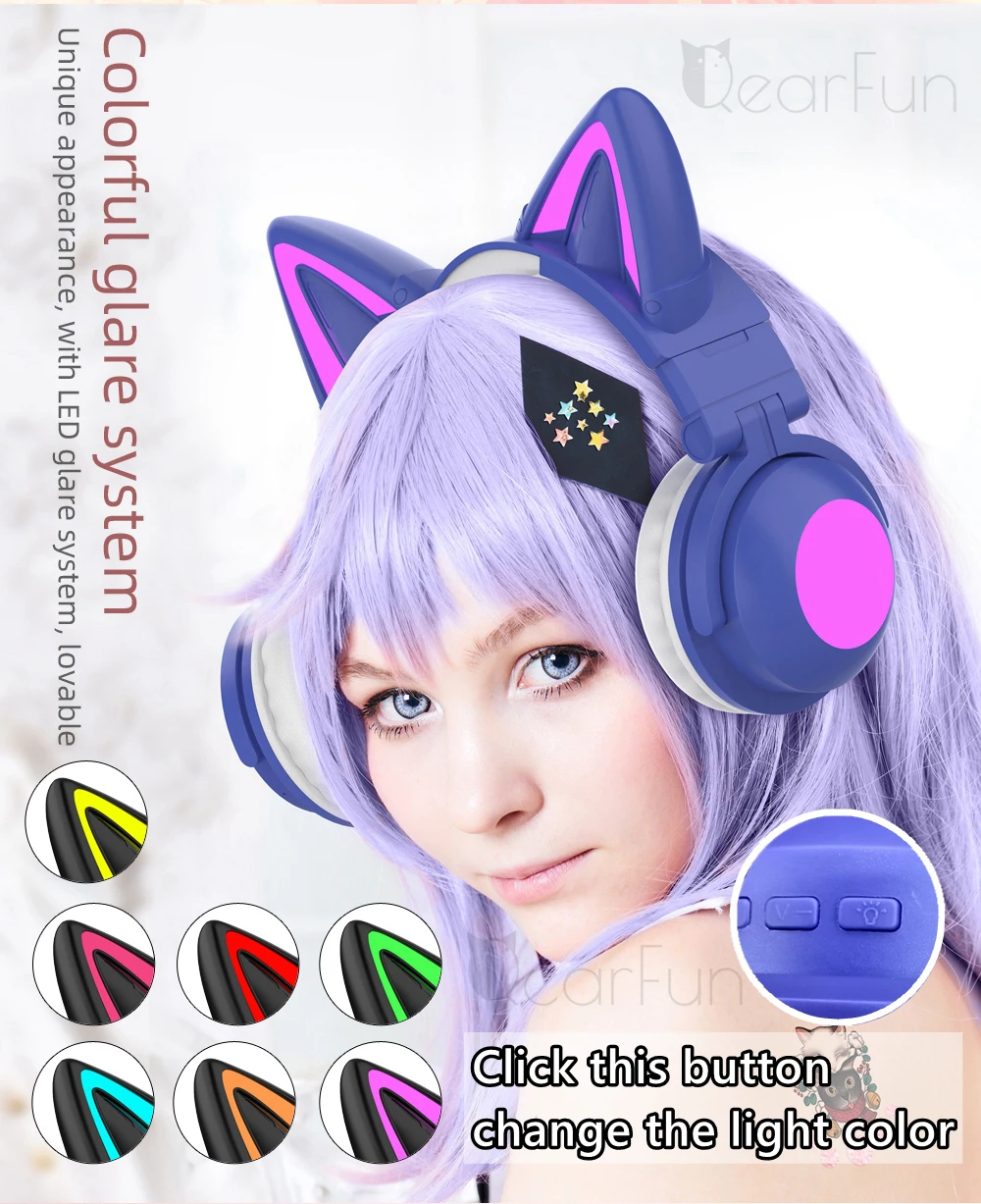 Girls Cat Wireless Headphones with Microphone Stereo Bass Cute Kid RGB Music Phone Bluetooth Headset Gamer Woman Set LED Colors