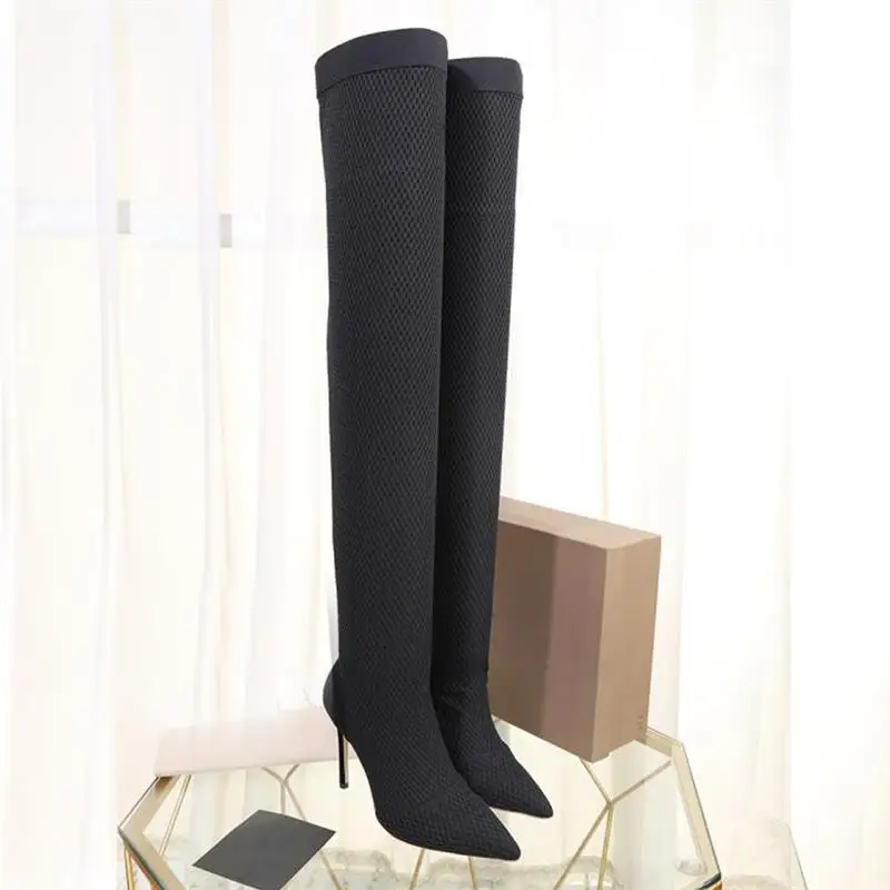 Zapatos De Mujer; коллекция года; зимние женские высокие сапоги с острым носком; сетчатая Черная женская обувь на высоком каблуке; Botas Largas Dama