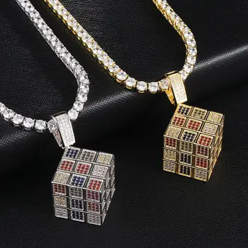 

Hip Hop Men Gold Color Copper Micro-inlaid Zircon Color Cube Pendant Necklace Ice Out Cuban In Crystal Hip Hop For Men