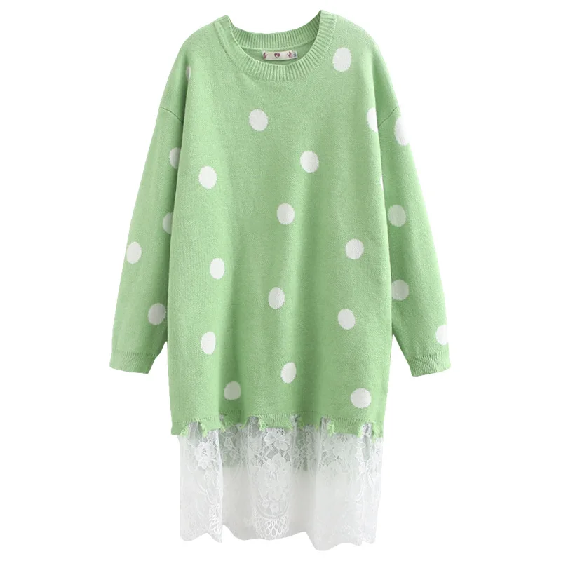 

Plus Size Casual Essential Sweaters 2019 Autumn Women Fashion Loose Long Sleeve Polka Dot Lace Hem Knitting Pullovers A2-9029