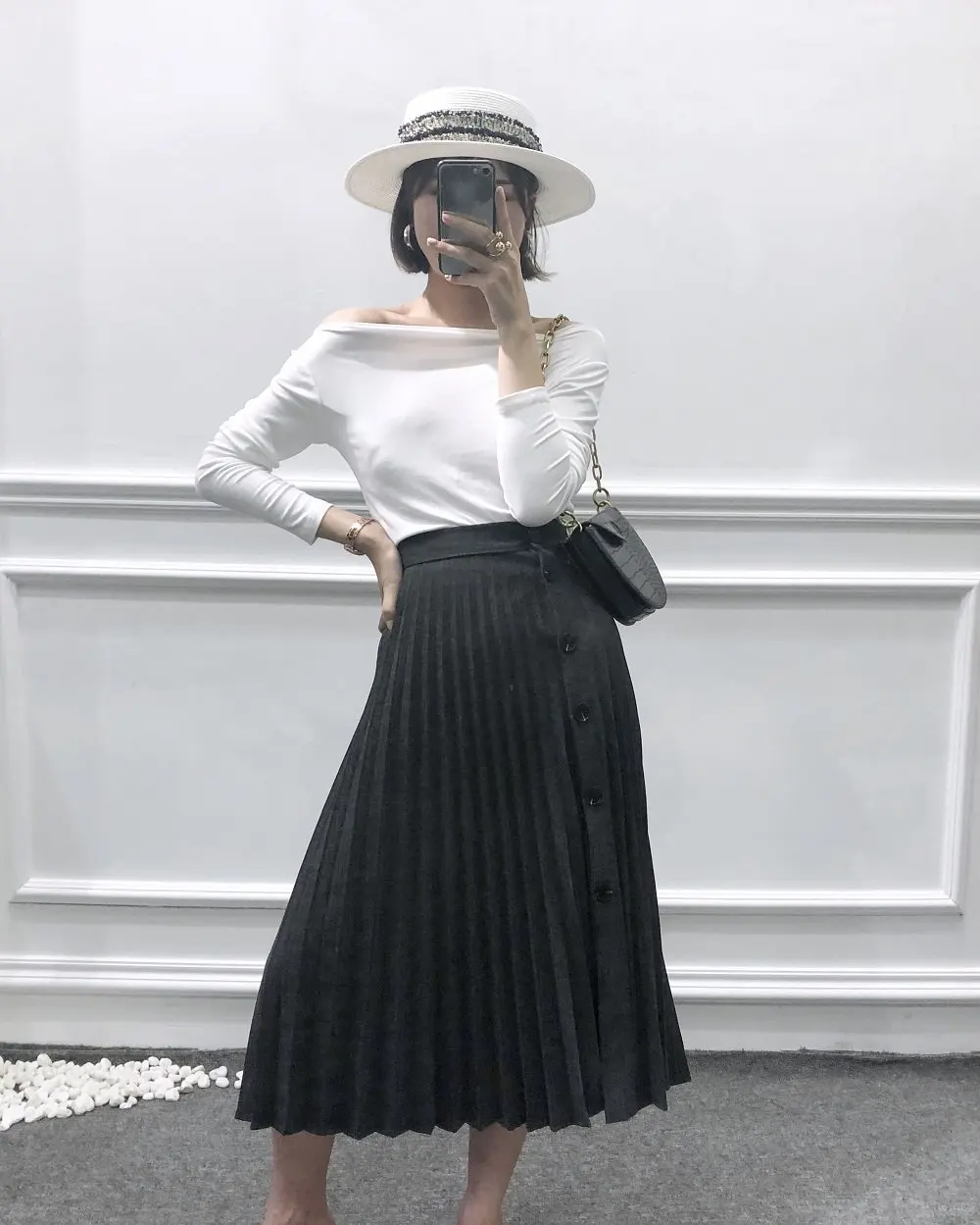 

Western Style Women's Single Breasted Black And White with Pattern Pleated Skirt Drape Side Fastener Decoration Longuette