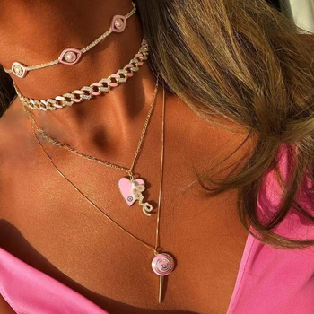 

2021 Neon pink colorful enamel choker Ice out bling cz 11mm Miami cuban link chain women necklace colorful cz hip hop jewelry