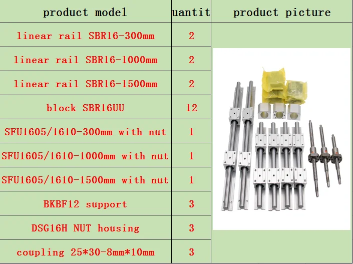 Акция 3 оси 4 оси 16 мм шариковый винт SFU1605/SFU1610+ BK/BF12+ 3 комплекта SBR16 линейные направляющие для фрезерного станка с ЧПУ - Цвет: SBR16-300-1000-1500