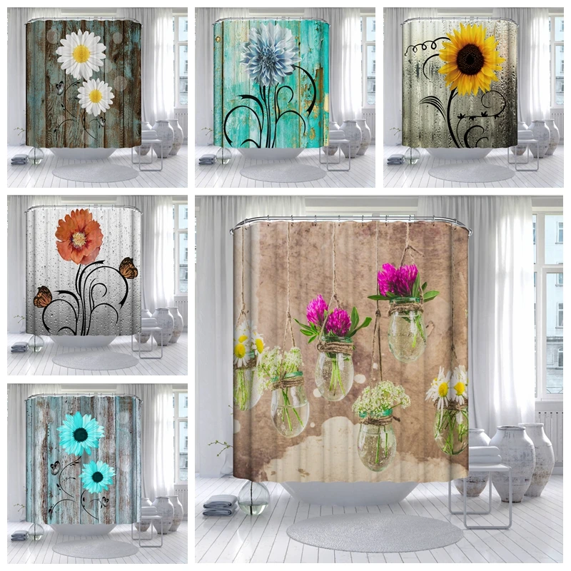 

Bath Shower Curtains Retro Old Fashioned Wood Grain Bathtub Blue Rose Yellow Sunflower Purple Daisy Flower Printed Toliet Decor