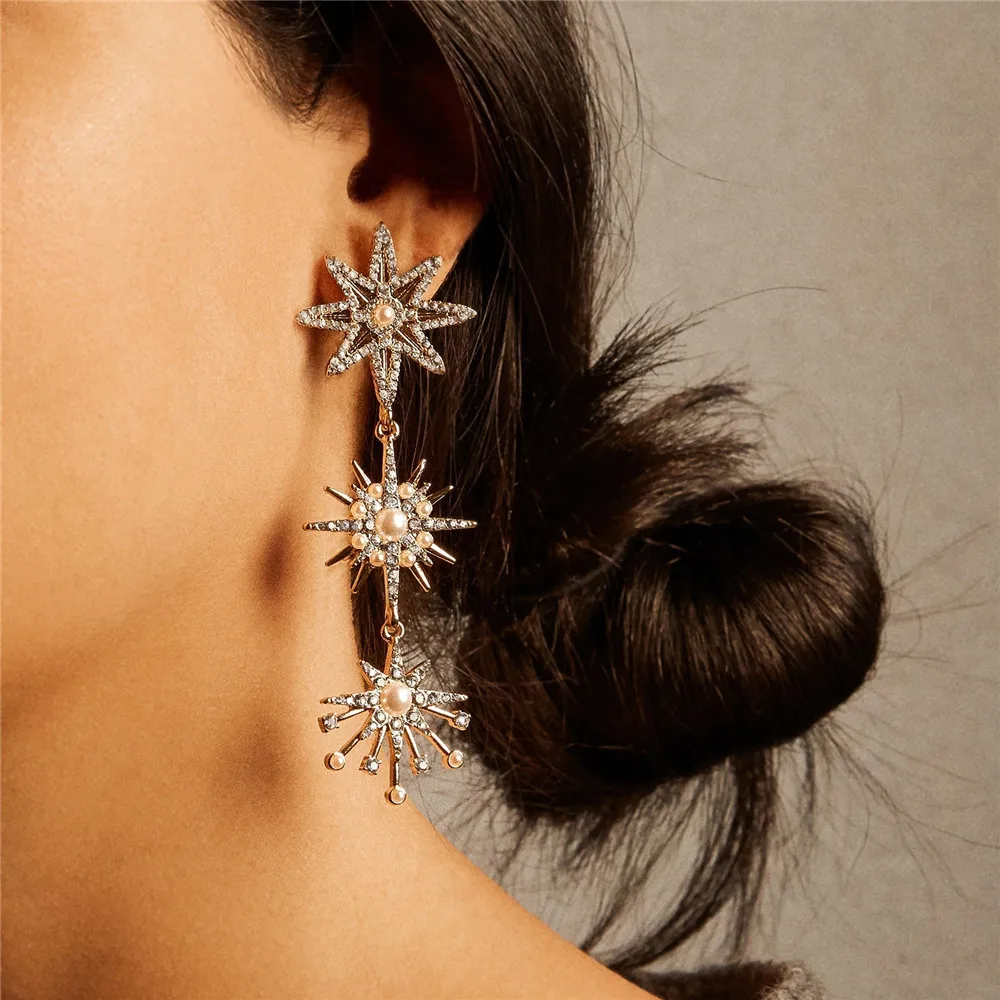 

Dvacaman Vintage Simulated Pearl Earrings for Women Crystal Drop Earrings Long Starburst Dangle Earrings Gold Color Maxi Jewelry