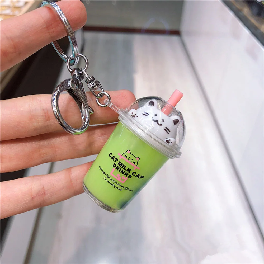 Брелок для ключей с милым мультяшным котом, креативным молочным чайным стаканом, жидким кристаллом, зыбучим песком, пайетками, брелок для ключей, сумка, Подвеска для женщин, брелок для ключей - Цвет: green