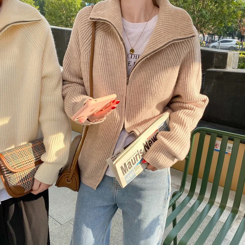 pink cardigan Women 2022 Sweater Autumn Winter Solid Simple Turtleneck Zipper Loose Warm All-match Knitted Femme Coat Sweater Tops Outwear cute sweaters