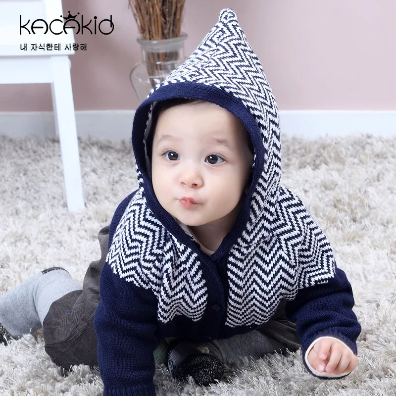 

Autumn New Style Childrenswear Men And Women Baby Knitted Cardigan Wave Pattern Hooded Sweater Infants Pinnacle Warm Men's Sweat