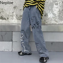 Женские джинсы Neploe с мультяшным принтом, корейские свободные женские брюки с высокой талией, повседневные Прямые женские джинсы на молнии 80261