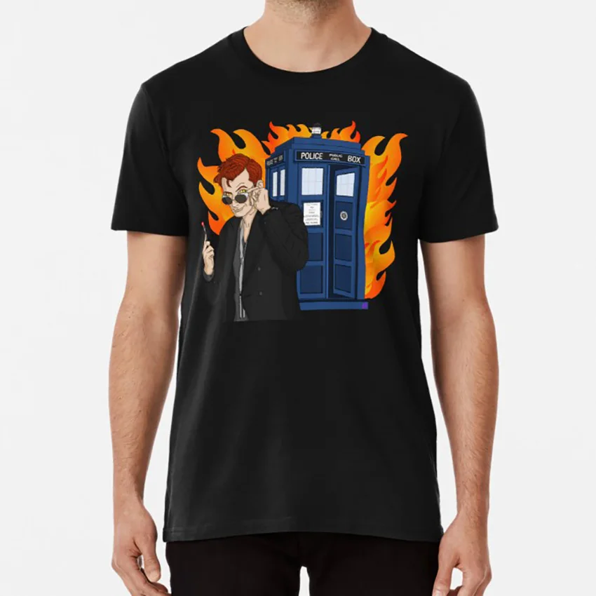 Черный Демон Доктор Футболка Доктор Кто doctorwho good omens goodomens Кроули ТАРДИС доктор демон огонь - Цвет: Черный