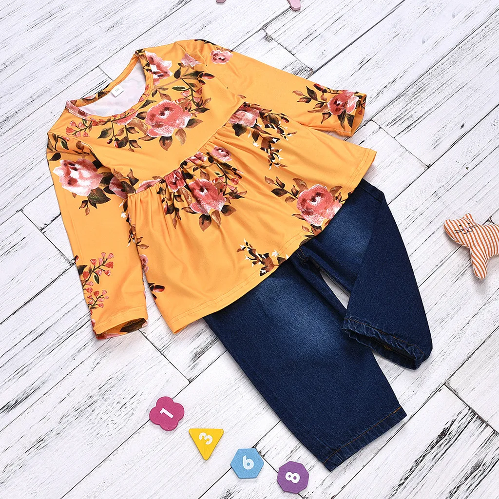 

Toddler Girl Winter Clothes Cotton Full Sleeve Floral Ruched Tops Solid Jeans Denim Pants Trousers 2019 Girls Clothes ropa niña