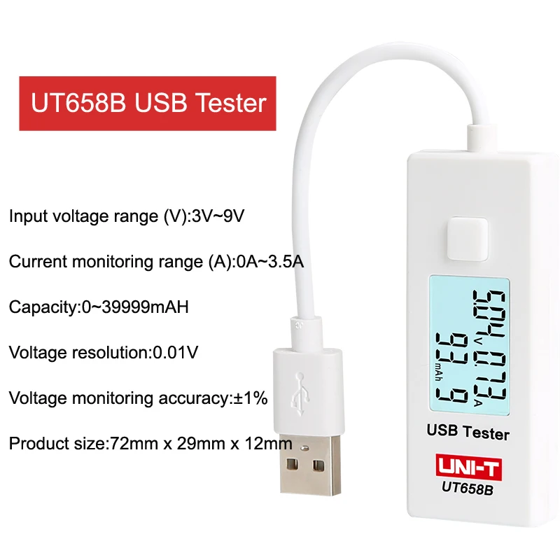 USB тестер UNI-T UT658 UT658B мобильный телефон ноутбук мобильный мощность безопасности монитор 3,0 V-9,0 V/0.0A-3.0A Предупреждение ЖК-дисплей - Цвет: UT658B