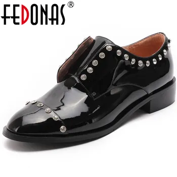 

FEDONAS Women Genine Leather Office Platforms Shoes Rivets Round Toe Shoes Spring Summer Patent Leather Shoes Woman