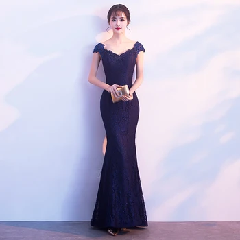 

Navy Blue Appliques Evening Dress Elegant Fishtail Slim Prom Gown Sexy Sleeveless Evening Party Gown Noble V-neck Cheongsam