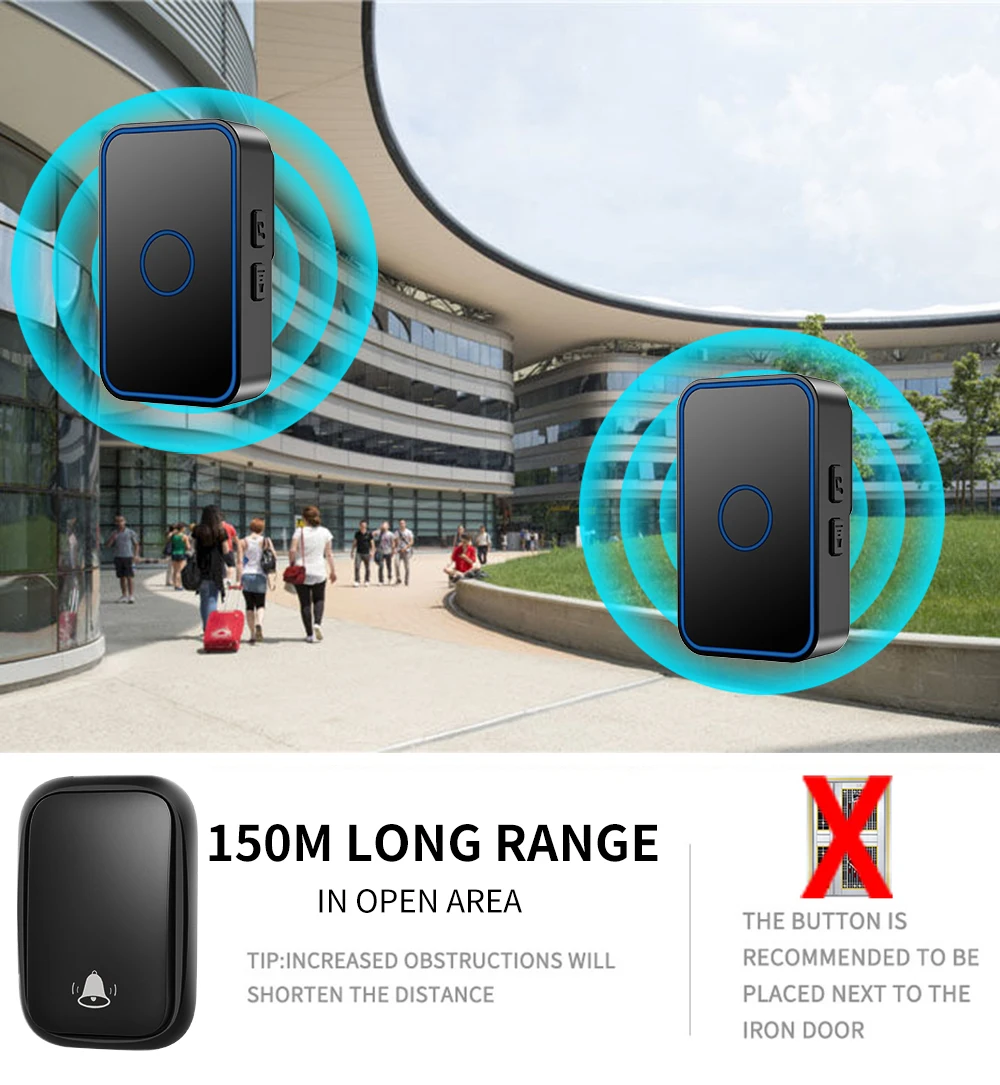Wireless Doorbell Self powered Waterproof No Battery Required 60 Chimes 0-110dB Smart Home Door Ring Bell US EU UK Plug