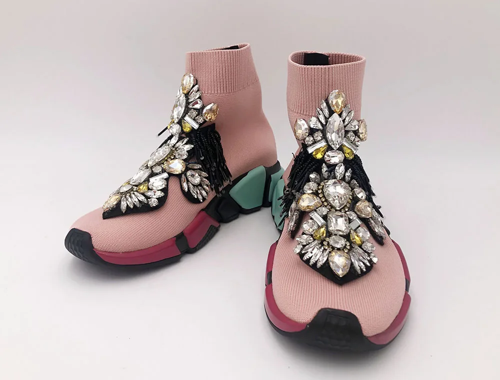 Для женщин Стразы повседневная обувь с украшением в виде кристаллов носки под кроссовки розового цвета с украшением в виде кристаллов кроссовки Для женщин леди Ленточки вязаные носки Повседневное тапки WK96