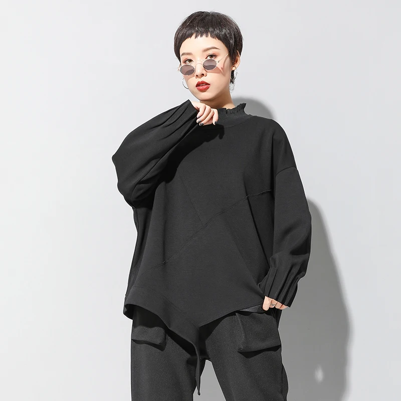 

2019 New Autumn Winter High Collar Long Sleeve Black Loose Loose Sweatshirt Women Fashion Streetwear Oversize High Quality WH46