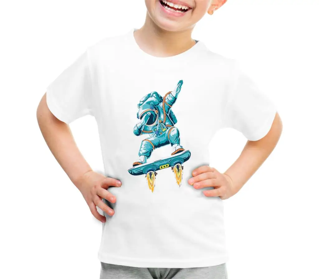 Футболка для мальчиков футболка с короткими рукавами и принтом космонавта Повседневная футболка для девочек с круглым вырезом в стиле Харадзюку модная детская футболка, топ - Цвет: Bai01