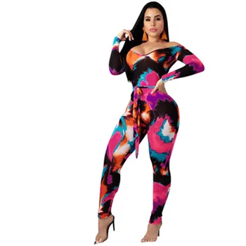 

Tie Dye Print Sexy Rompers Womens Jumpsuit Summer Elegant Off Shoulder Casual Skinny Long Sleeve Bodycon Party Jumpsuit Bodysuit