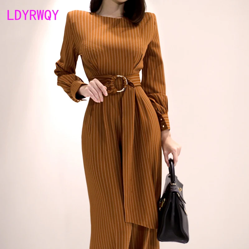 

2019 autumn new ladies striped small round neck corset long sleeve jumpsuit Broadcloth Sashes Striped Regular Office Lady