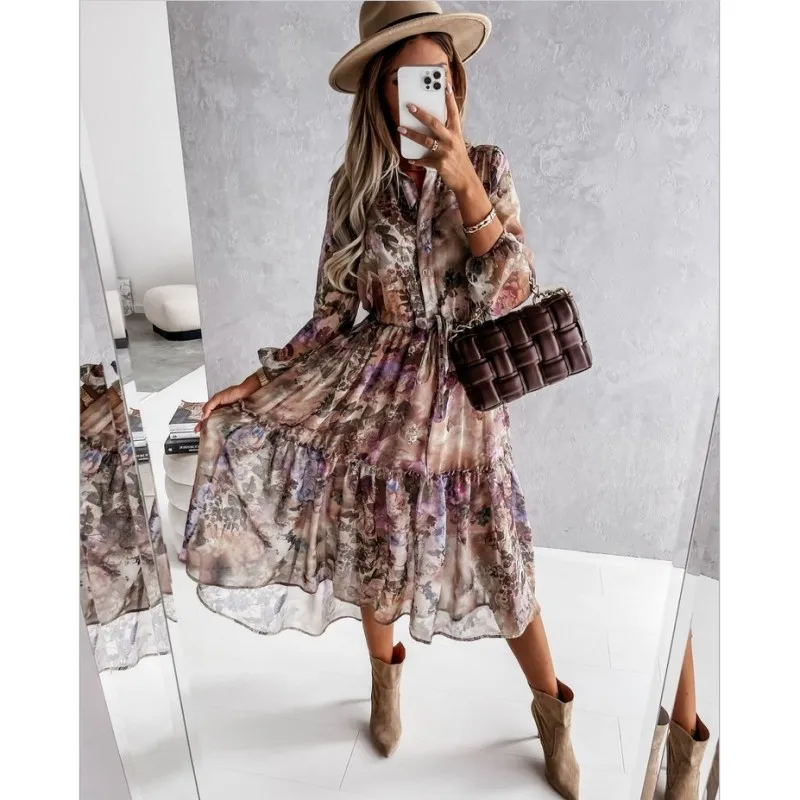 Chiffon Long Sleeve Women Dress Floral Printed Lace-up Ruffles Lrregular Elegant Vintage Sexy Party Dress Vestidos De Fiesta