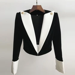 HIGH STREET 2021 Newest Stylish Designer Jacket Women's Lion Buttons Color Block Patchwork Velvet Short Blazer HIGH STREET 2021 Newest Stylish Designer Jacket Women's Lion Buttons Color Block Patchwork Velvet Short Blazer