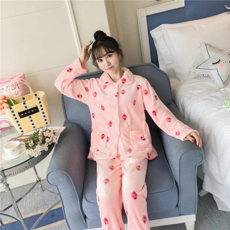 Autumn Winter Warm Flannel Women Pyjamas Sets Thick Coral Velvet Long Sleeve Cartoon Sleepwear Thin Flannel Pajamas Set for Girl