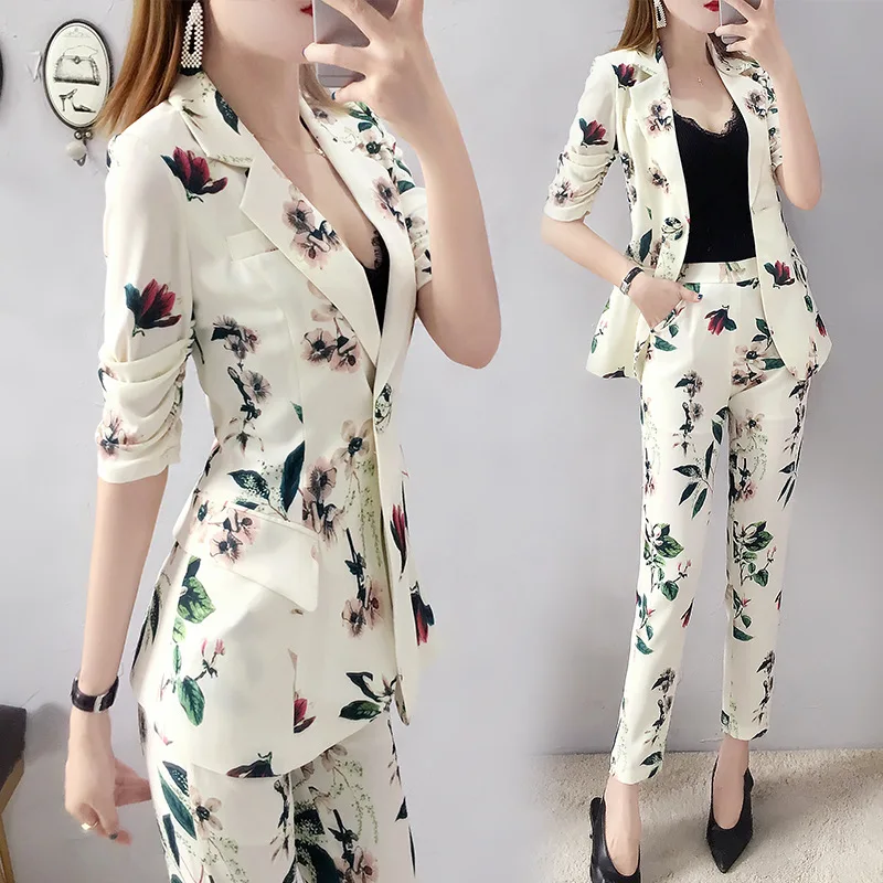 

2019 Summer New Style Western Style Thin Small Suit WOMEN'S Suit Korean-style Fashion Pants Two-Piece Set by Age Trousers
